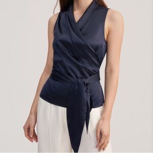 Lily Silk Women Elegant Silk Wrap Blouse in Navy Size 4